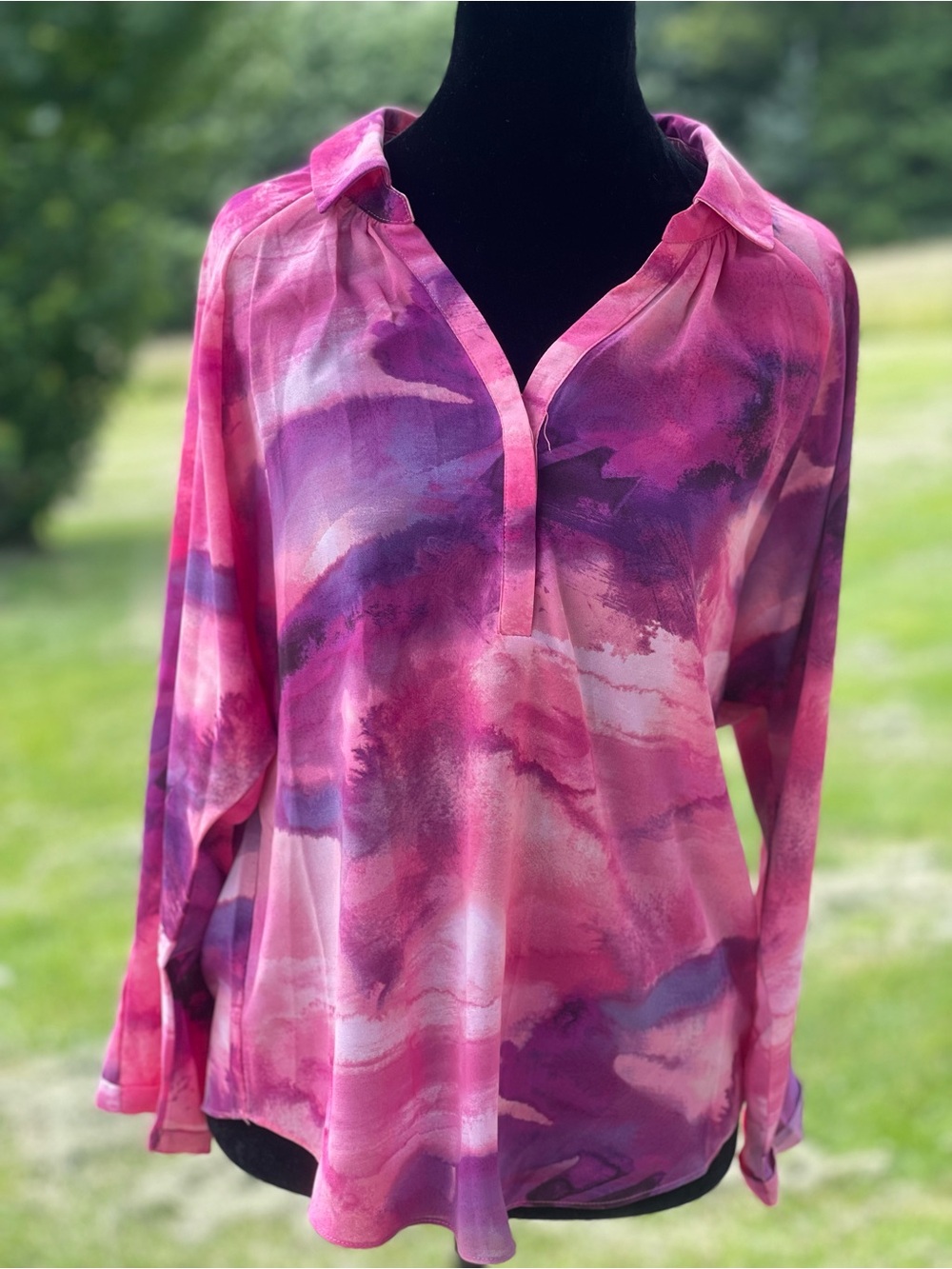 Women's Keren Hart Pink Watercolor Print V-Neck Blouse